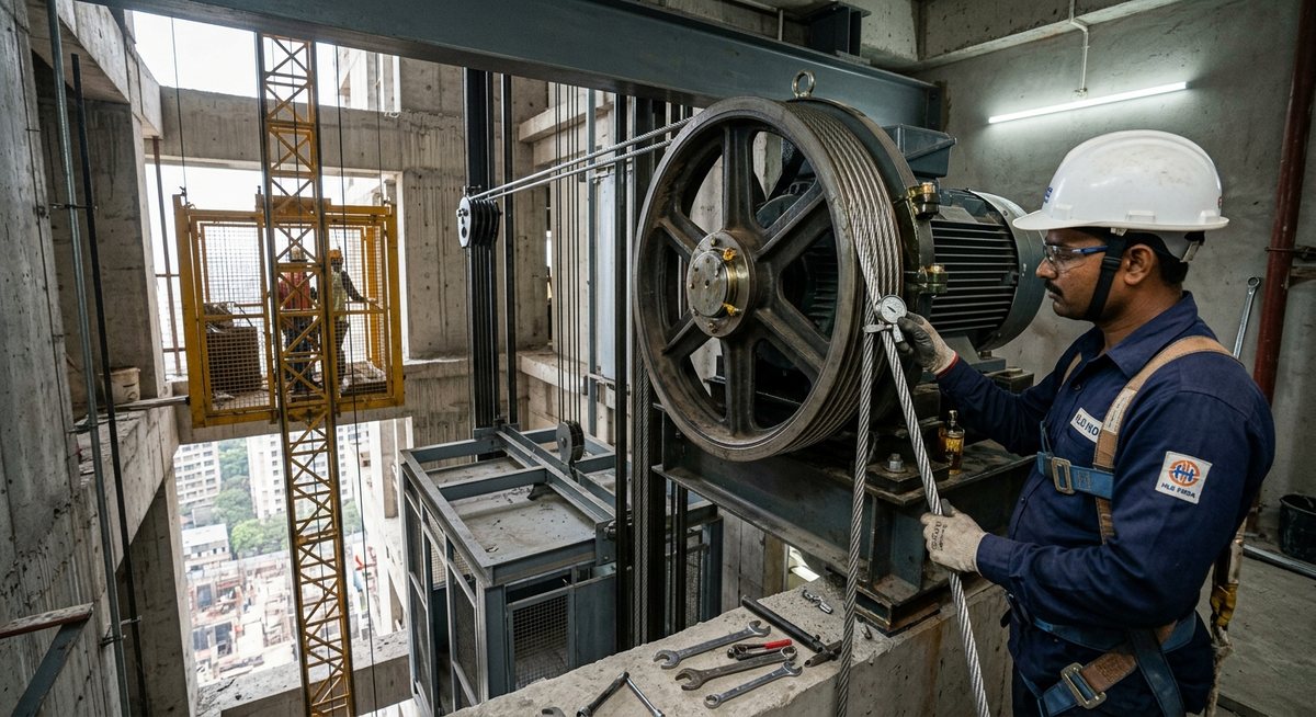 Technician installing elevator hoist ropes on a traction sheave beside a construction material hoist cage — OM Enterprise