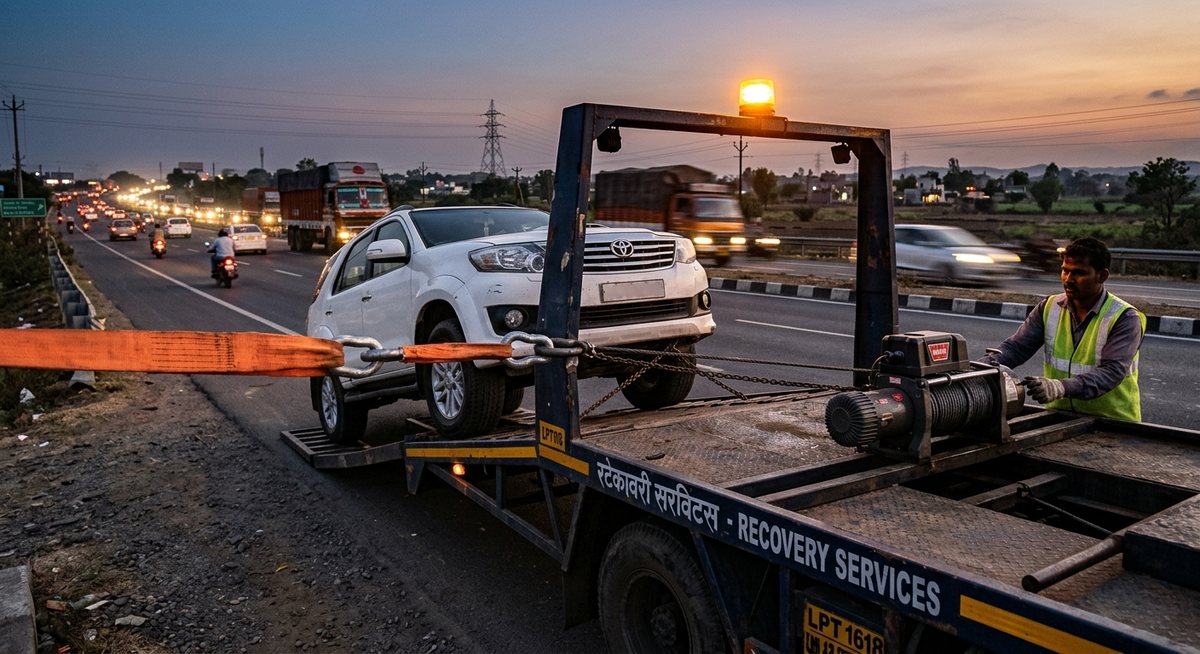 Flatbed recovery truck winching an SUV with an orange recovery strap on an Indian highway — OM Enterprise